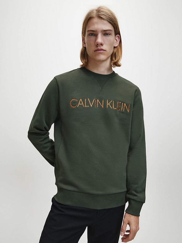 Calvin Klein Ruhák HU652914 | Calvin Klein Organic Cotton Logo Férfi Pulóver Sötét Olivazöld